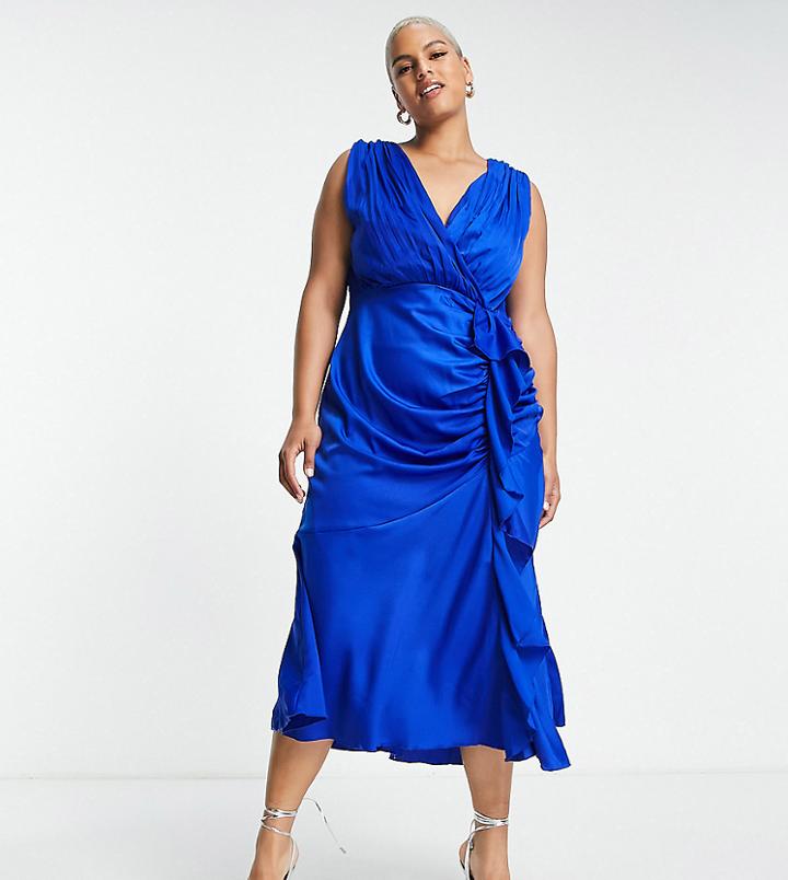 Little Mistress Plus Plunge Front Satin Midi Dress In Royal Blue