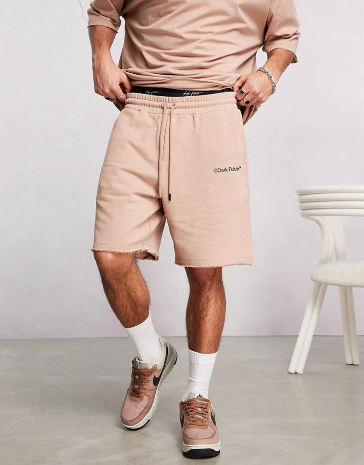 Asos Dark Future Relaxed Shorts With Logo Print And Raw Edges In Light Brown - Part Of A Set