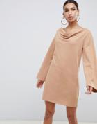 Asos Design Cowl Neck Mini Sweat Dress-beige