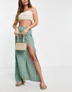 Asos Design Linen Maxi Skirt With Split In Khaki-green