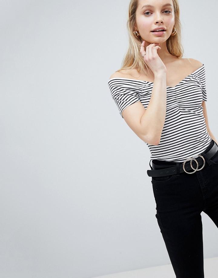 New Look Stripe Ruched Bardot Tee - White