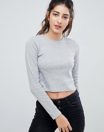 Brave Soul Fay Crop Top With Pearl Embellishment - Gray
