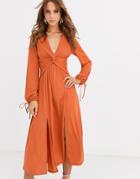 Asos Design Long Sleeve Twist Front Midi Dress-orange