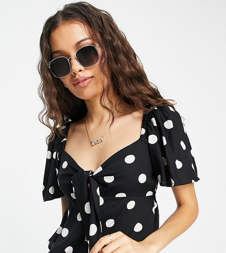 Miss Selfridge Petite Bunny Tie Angel Sleeve Blouse In Mono Spot-black