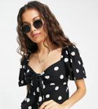 Miss Selfridge Petite Bunny Tie Angel Sleeve Blouse In Mono Spot-black