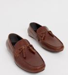 Asos Design Wide Fit Driving Shoes In Tan Leather With Fringe Detail - Brown