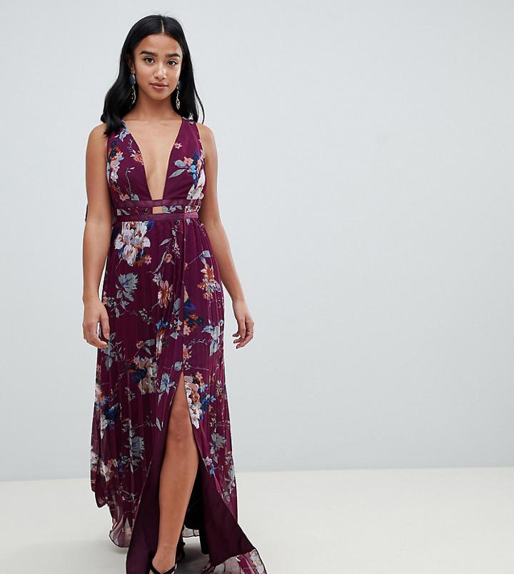 Asos Design Petite Pleated Maxi Dress With Tape Detail In Winter Floral Print - Multi