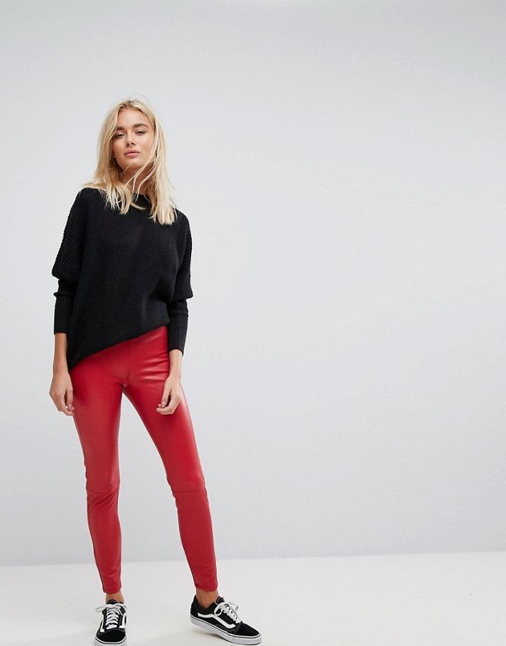 Bershka Leather Look Skinny Pants - Red