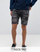 Asos Tall Slim Denim Shorts In Washed Black With Extreme Rips - Black