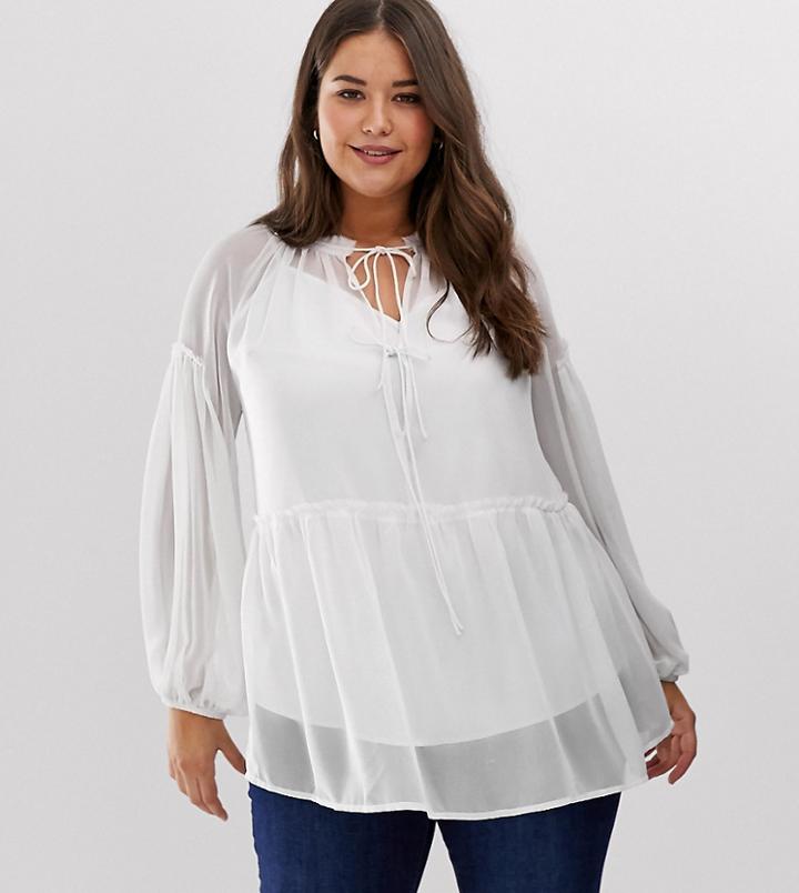Asos Design Curve Sheer Smock Top With Tie Front - White