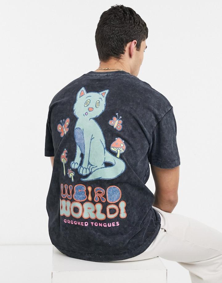 Crooked Tongues T-shirt With Large Weird World Print-black