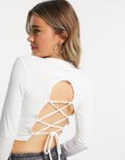 Bershka Long Sleeve Crop Top With Lace Up Back In White