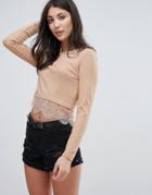 Brave Soul Jersey Lace Trim Top - Beige