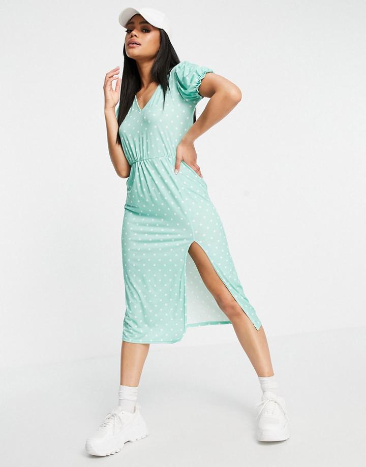 In The Style Polka Dot Split Midi Dress In Sage-green