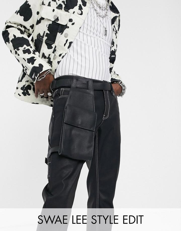 Asos Design Faux Leather Leg Harness Bag In Black Pebble Grain