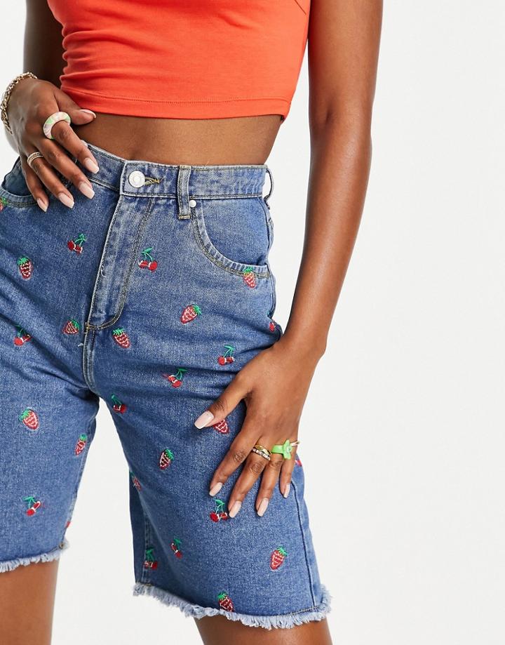 Neon Rose High Rise Longline Mom Shorts With Fruit Embroidery-blue