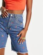 Neon Rose High Rise Longline Mom Shorts With Fruit Embroidery-blue