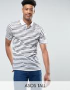 Asos Tall Relaxed Polo Shirt In Linen Look Stripe Fabric - White