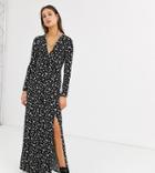 Asos Design Tall Long Sleeve Button Through Maxi Tea Dress With Splits In Ditsy Print