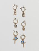 Asos Design Pack Of 3 Hoop Earrings With Vintage Style Cross And Icon Charm In Gold - Gold