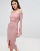 Lavish Alice Rib Knit High Neck Wrap Around Belt Midi Dress - Pink