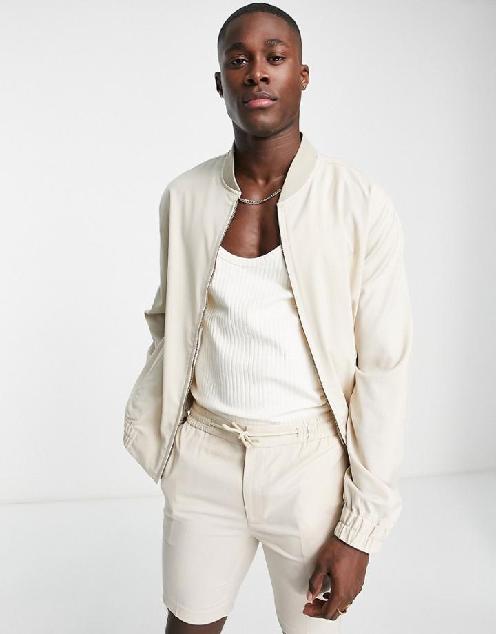Asos Design Smart Bomber Jacket In Stone - Part Of A Set-neutral
