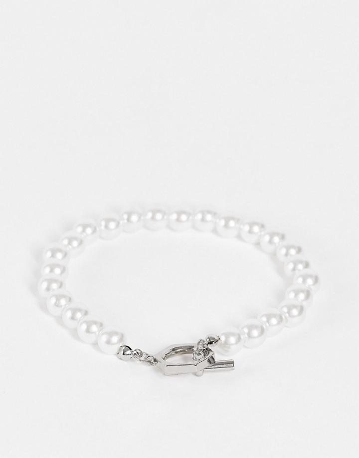 Asos Design Beaded Bracelet With Faux Pearl And T-bar In White