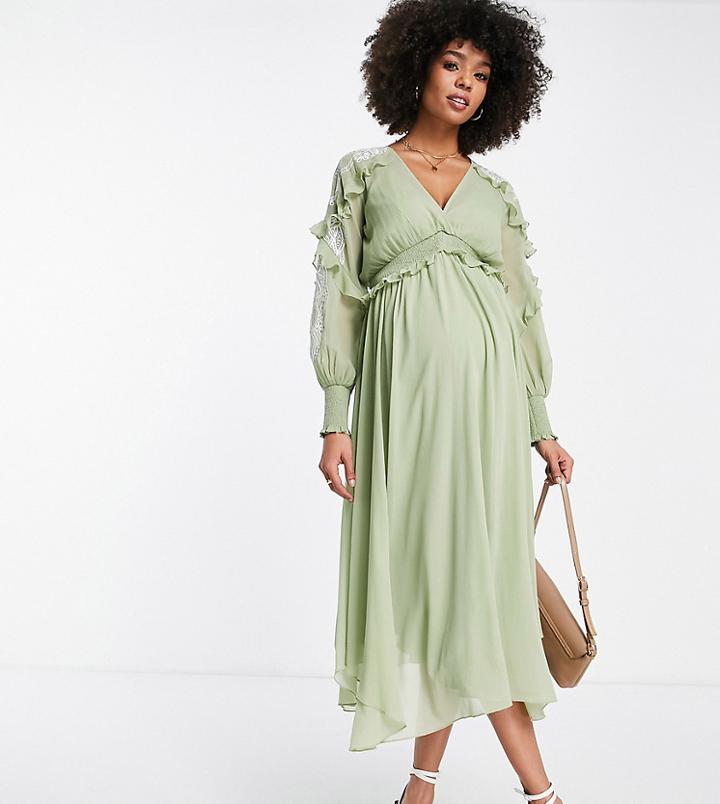 Asos Design Maternity Midi Dress With Embroidery And Lace Trim Detail In Sage-green