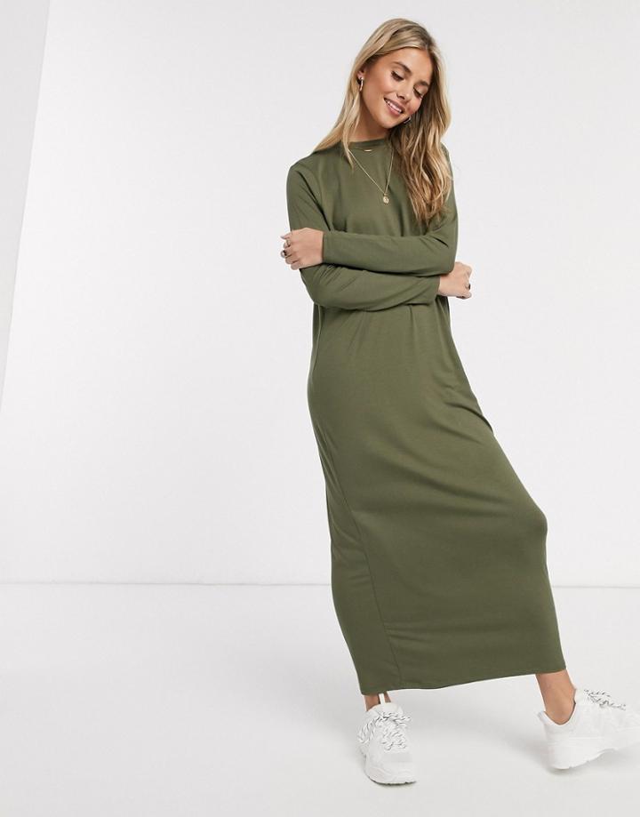 Asos Design Long Sleeve Maxi T-shirt Dress In Khaki-green