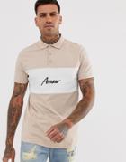 Asos Design Color Block Polo With Amour Print-beige