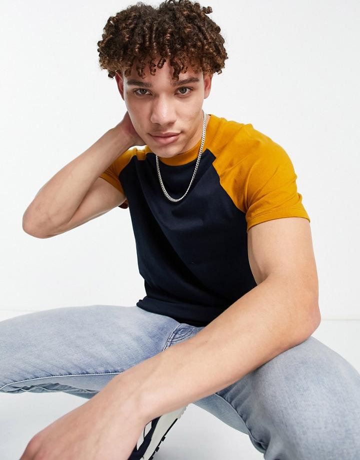 Asos Design Organic Raglan T-shirt In With Contrast Sleeves In Navy And Buckthorn Brown-multi