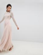 Asos Design Premium Pearl Embellished Long Sleeve Maxi Dress - Pink