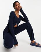 Asos Design Knitted Rib Button Through Mini Dress In Navy - Part Of A Set