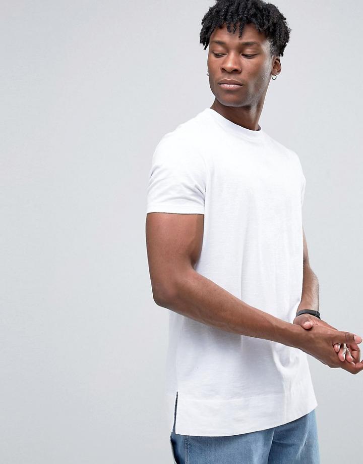 Asos Longline T-shirt In Textured Fabric With Deep Hem Turn Up - White