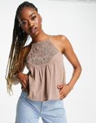Asos Design Crochet Mix Sun Top In Taupe-multi