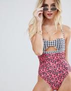 Le Palm Cut Out Contrast 80s Printed Bandeau Swimsuit-multi