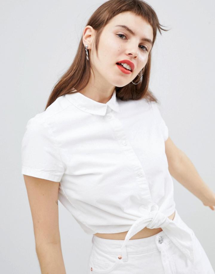 Monki Denim Tie Waist Blouse - White