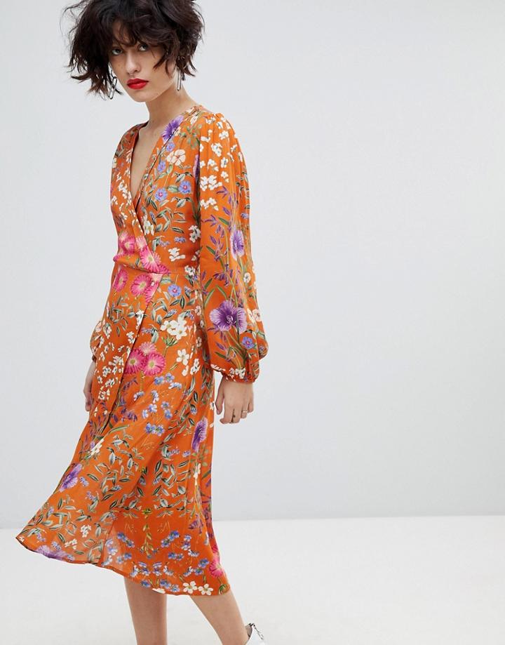 Mango Orange Floral Wrap Over Dress - Orange