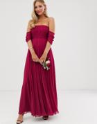 Asos Design Bridesmaid Bardot Ruched Pleated Maxi Dress-red