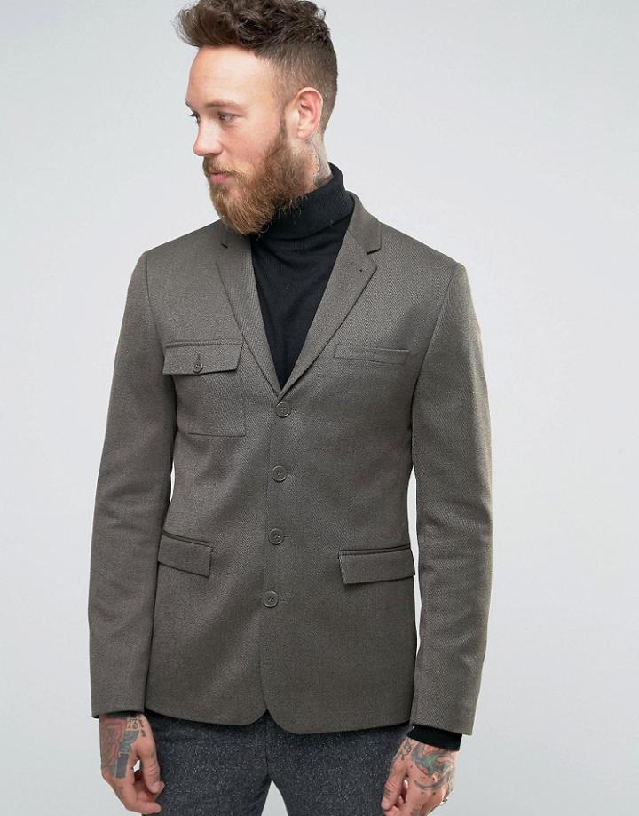 Asos Skinny Blazer With Military Styling In Khaki - Green