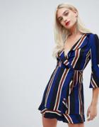 Outrageous Fortune Ruffle Wrap Dress With Fluted Sleeve In Stripe - Multi