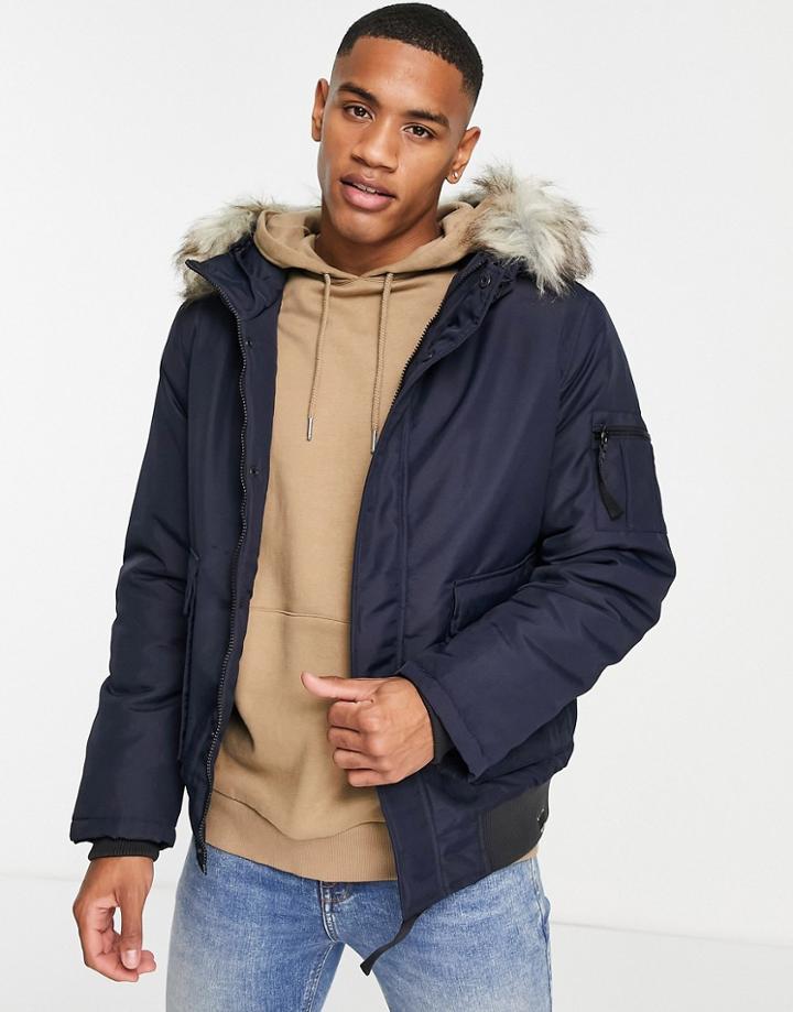 Only & Sons Padded Short Coat With Faux Fur Hood In Navy