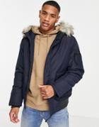 Only & Sons Padded Short Coat With Faux Fur Hood In Navy