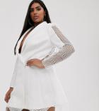Asos Design Curve Lace Insert Cut Out Tux Blazer Mini Dress - White