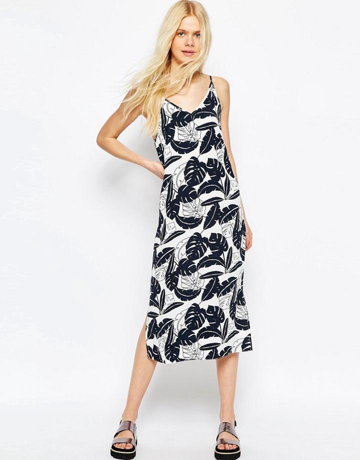 Asos Midi Dress In Mono Palm Print - Multi
