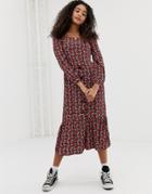 Nobody's Child Square Neck Button Front Midi Dress In Floral - Red