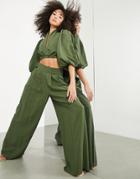 Asos Edition Wide Leg Pleat Front Pant In Olive Green
