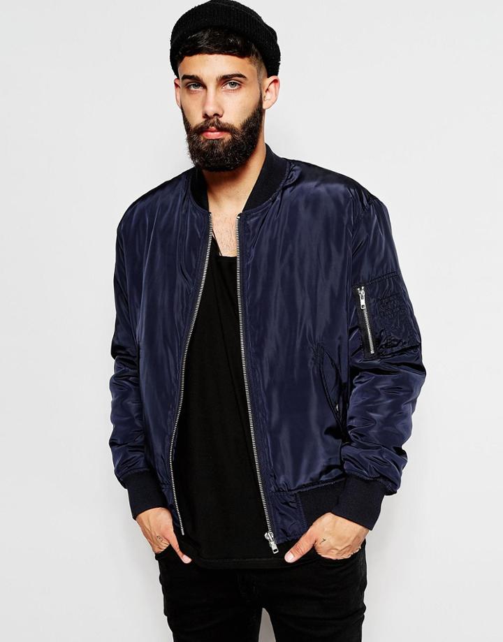 Asos Bomber Jacket With Ma1 Pocket In Navy - Navy