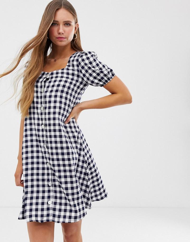 Qed London Button Through Mini Dress In Gingham-navy