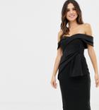 Asos Design Bardot Fold Wrap Front Midi Pencil Dress - Black